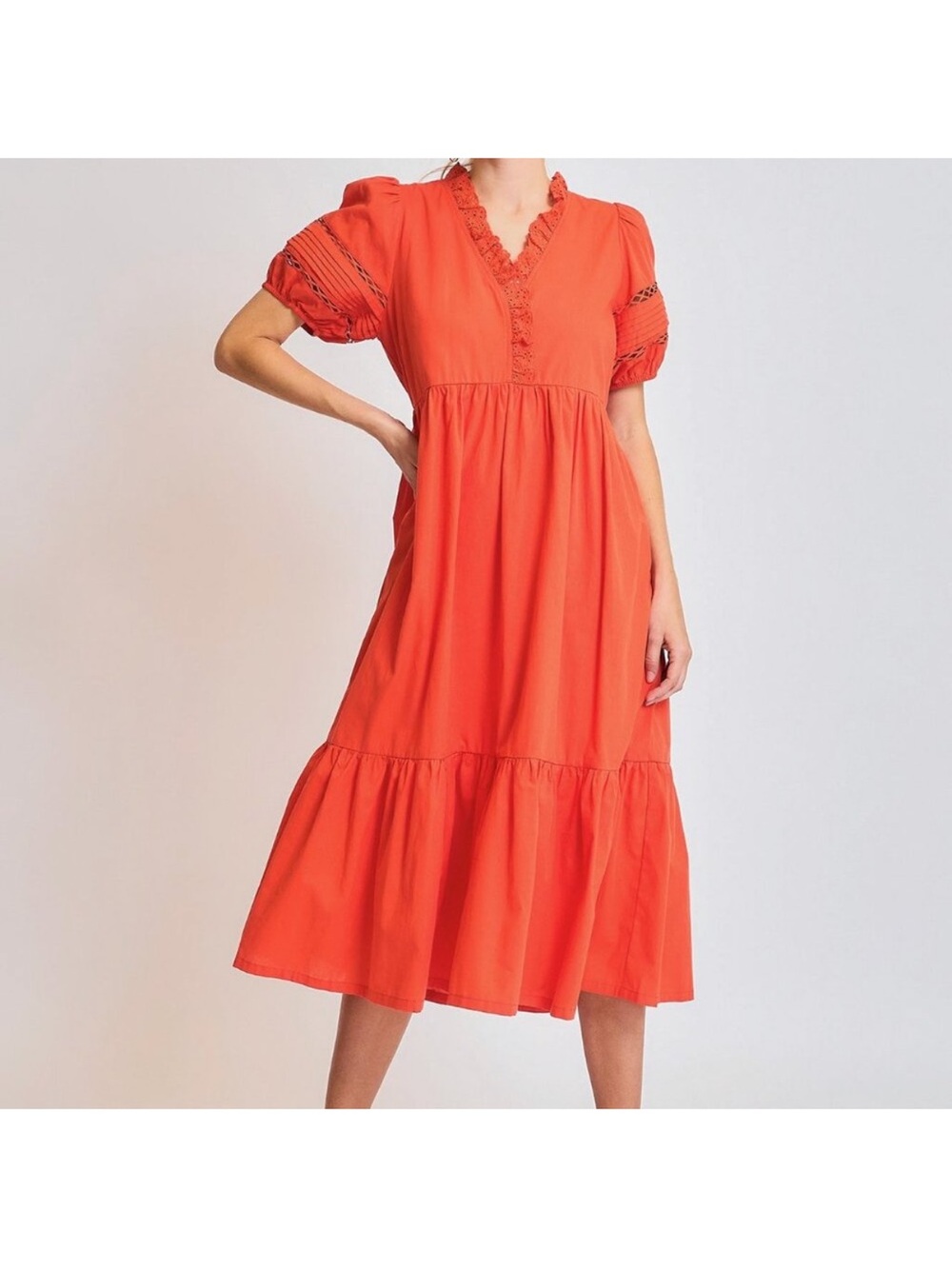 Umgee Short Sleeve Lace-Trim Ruffled Midi Dress - Picture 5 of 5